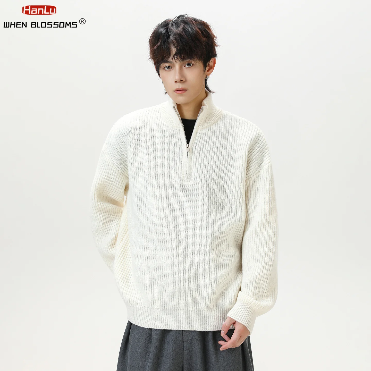 سترة Hanlu 2025 للرجال بنصف سحاب ورقبة وهمية معطف شيرلينغ مريح مبطن كبير الحجم بتصميم كسول معطف شتوي عالي الجودة #5