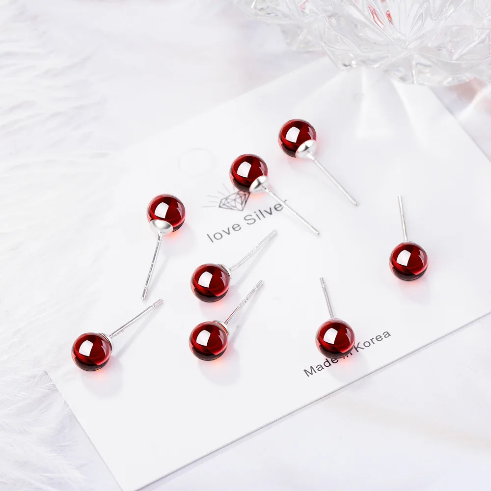 925 Sterling Silver Women's Red Crystal Small Stud Earrings Wedding Party Luxury Quality Jewelry - view 2