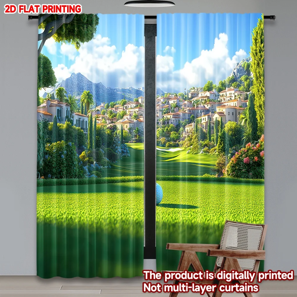

2D flat printing 2pcs Party Window Curtains Sunny Golf Course View Digital Printed Polyester Drapes Family Party Use for Home &