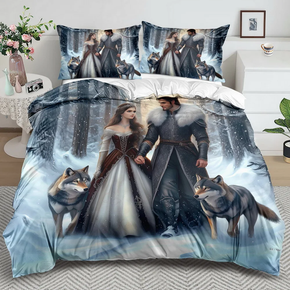 

1 Set Fantasy Princess & Wolf Cartoon Themed Duvet Cover Set - 2/3pcs, Soft Breathable Polyester Bedding with Zipper Closure
