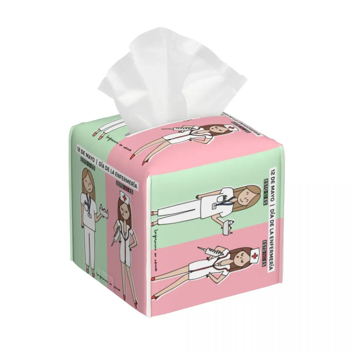 Custom Enfermera En Apuros Cartoon Doctor Nurse Tissue Box Cover PU Leather Square Facial Tissues Holder for Car