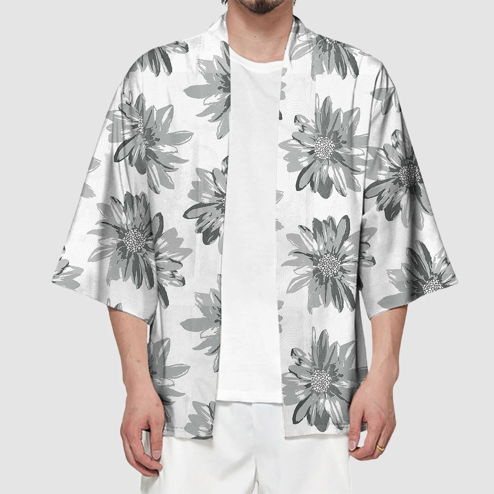 

Male Spring And Summer Fashion Loose Blouses All Printing Antique Style Shirt Tops Collarless Seven Quarter Sleeved Cool Cardiga