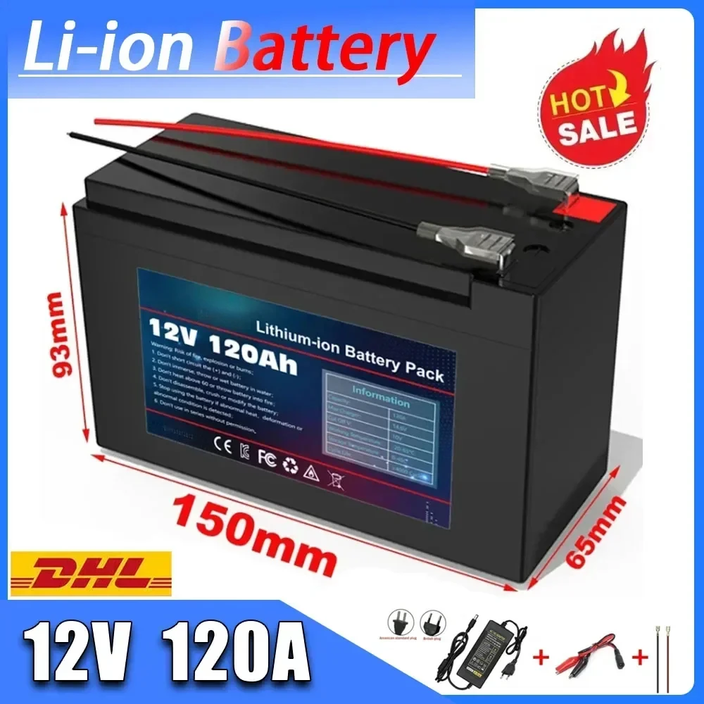 Rechargeable Battery for Solar Energy Electric Vehicle Battery 12V 120Ah 18650 Lithium Battery Pack +12.6v3A Charge