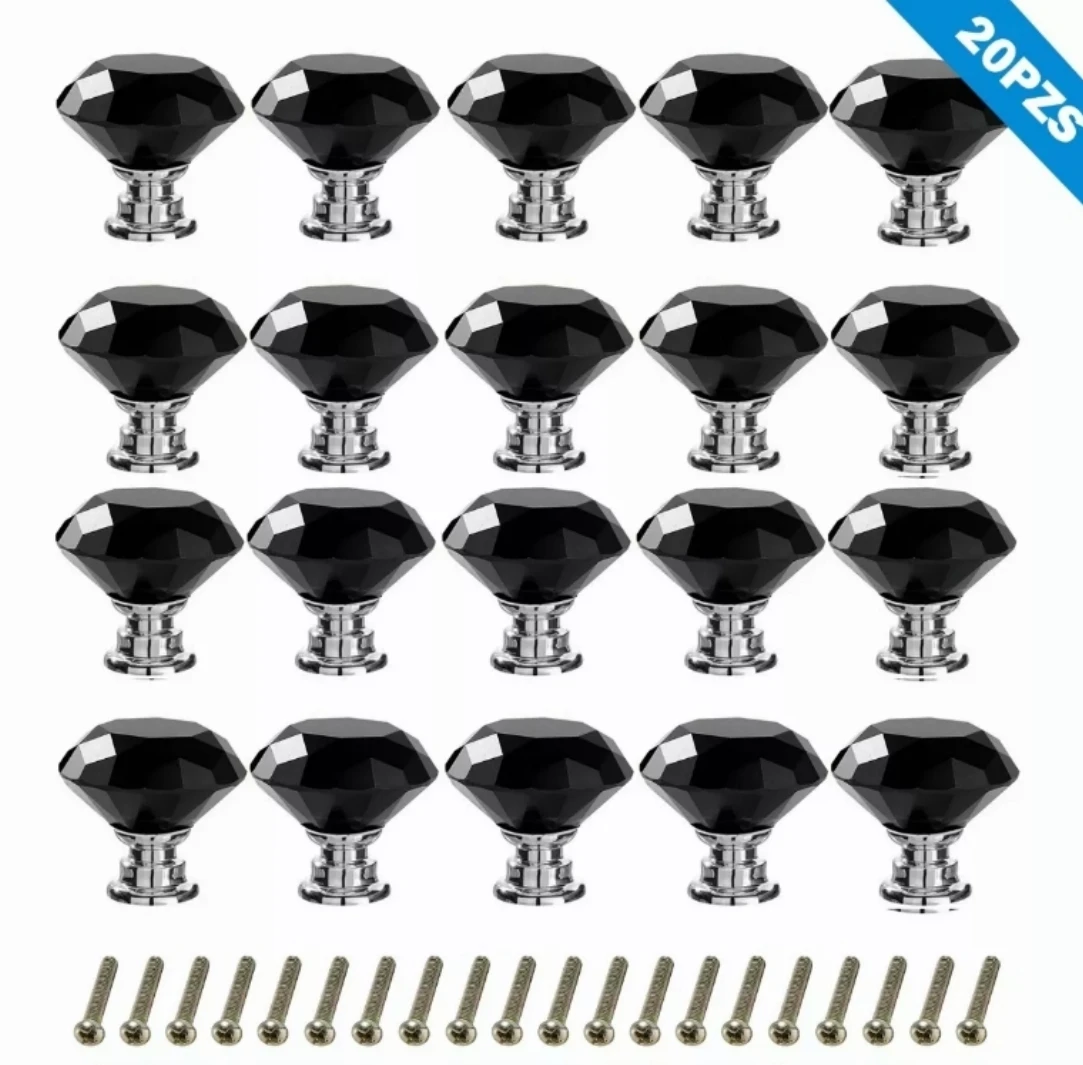 Diamond-Shaped cristal vidro botões, alças para gavetas, armários de cozinha, portas do armário, 30mm, 20 PCs/Set