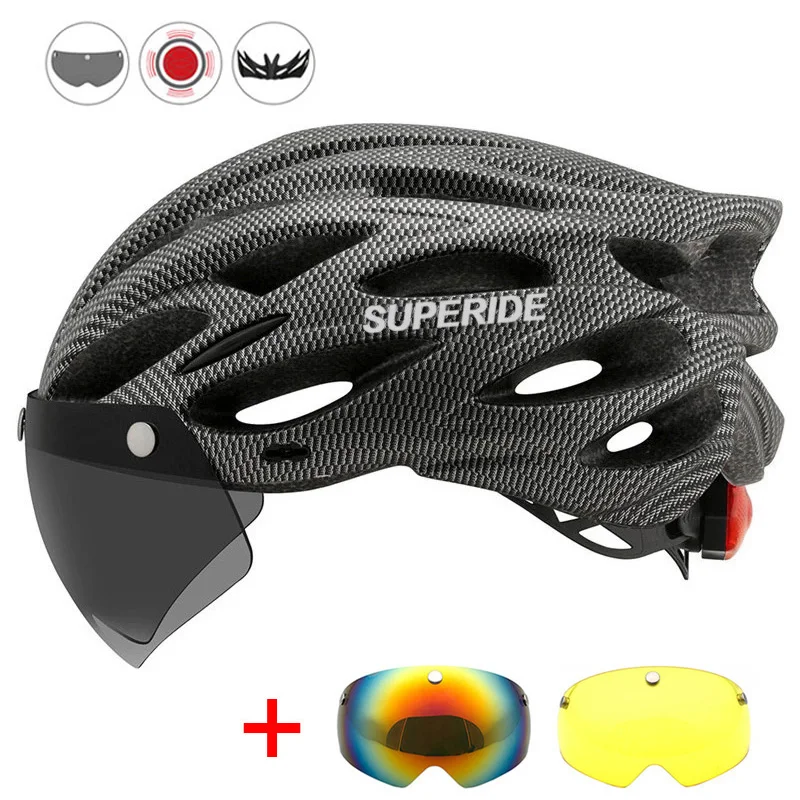 SUPERIDE Homens Mulheres Capacete de Ciclismo com Luz Traseira Esportes MTB Capacete de Bicicleta de Estrada Capacete de Mountain Bike com Óculos e Viseira
