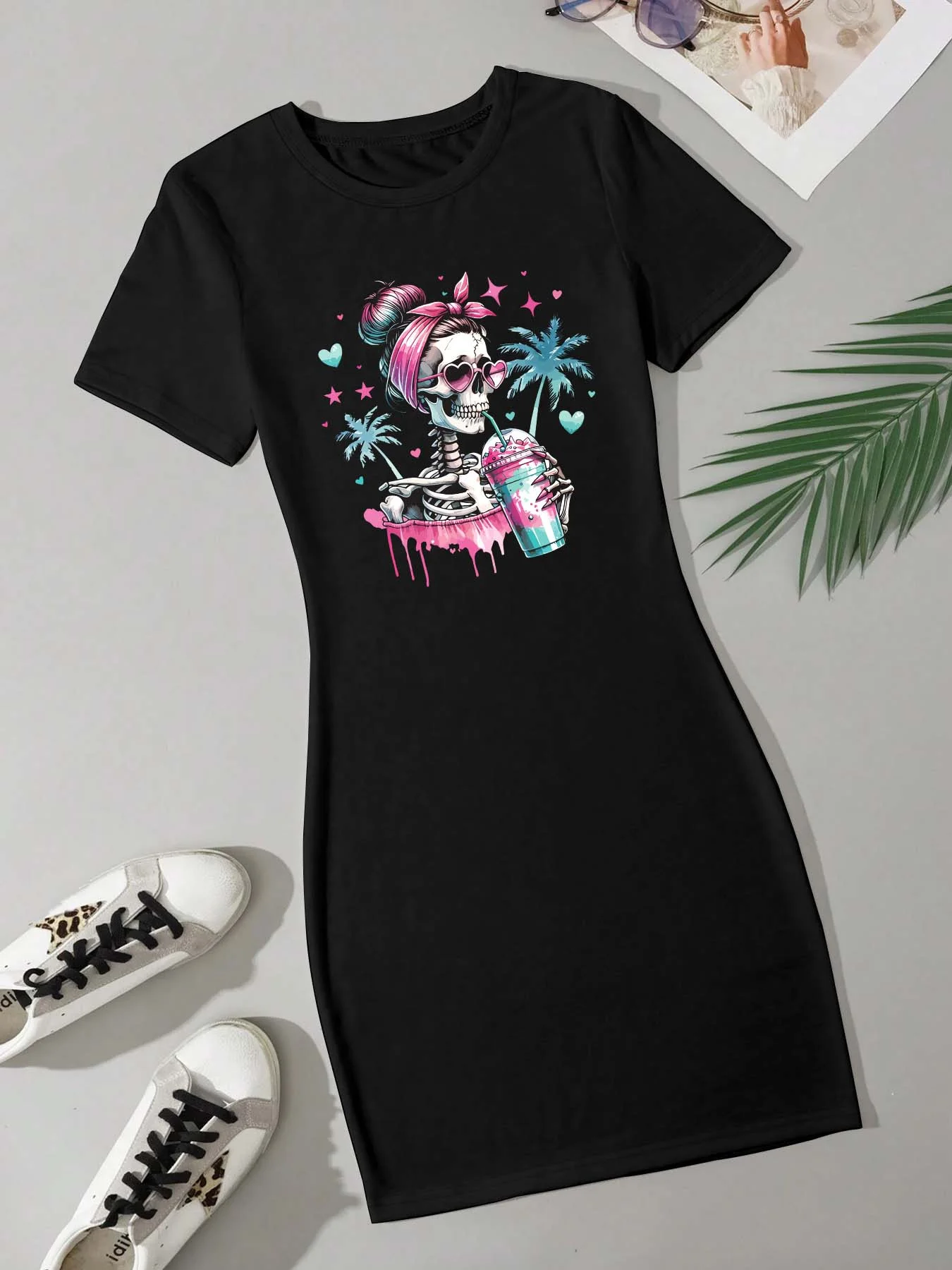 

Женское повседневное свободное платье больших размеров с круглым вырезом и принтом черепа, дышащее платье с круглым вырезом