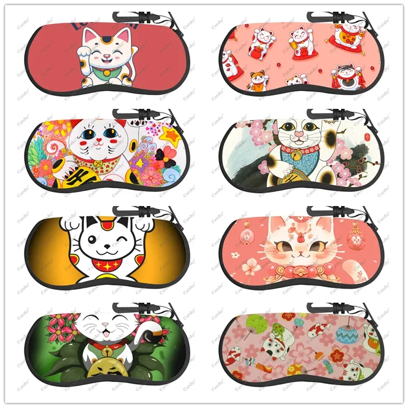 

Maneki Neko Lucky Cat Japan Glasses Case Printed Travel Zipper Sunglasses Bag Pattern Men's and Women's Storage Glasses Bag