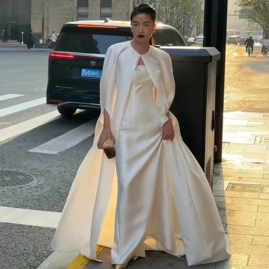 Mikado Satin Wedding Long Cape With Sleeves Hole ,Elegant Simple Charming Bridal Coat ,Women Jacket Chic