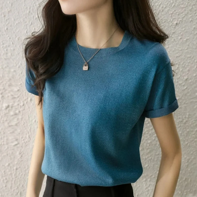 Summer Round Neck Bright Silk Short Sleeve Top Fashionable Loose And Thin Bottoming Ice Silk T-shirt Solid Comfortable Knitwear