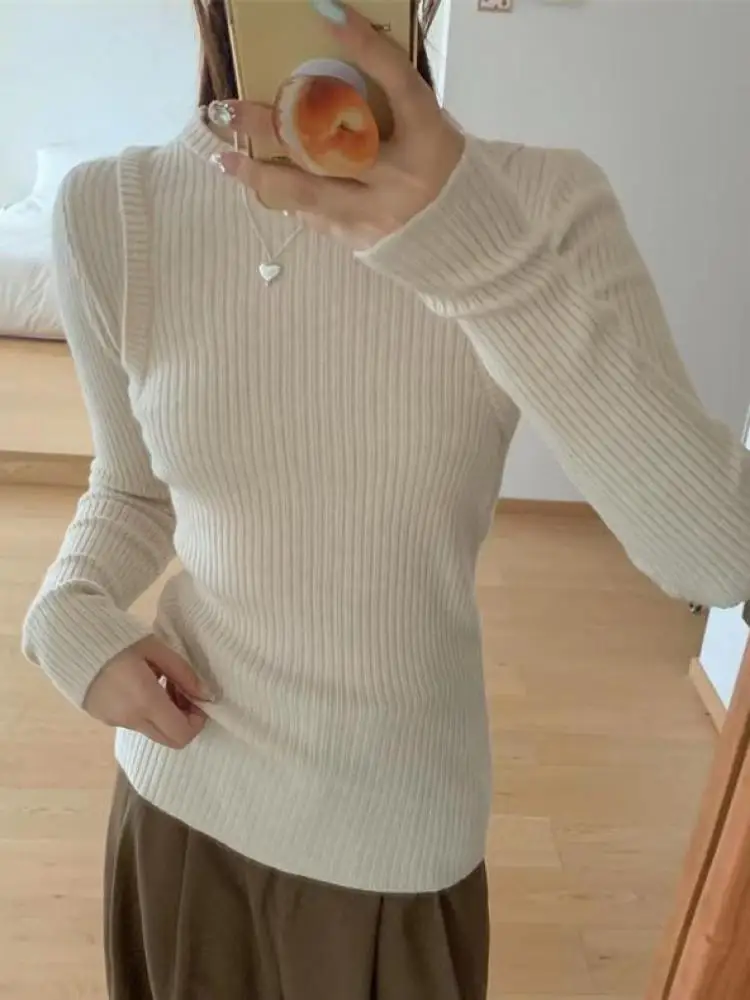 

Осень-зима, корейский модный однотонный элегантный вязаный свитер с круглым вырезом и длинными рукавами, женский универсальный пуловер, топы, простота, тренд