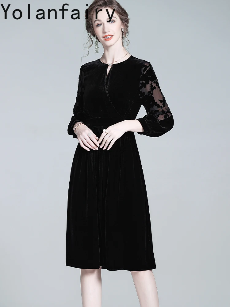 YOLANFAIRY Brand Real Silk Velvet Dresses for Woman Autumn French Elegant Women Clothing Black Dress Fashion Black Evening Dress