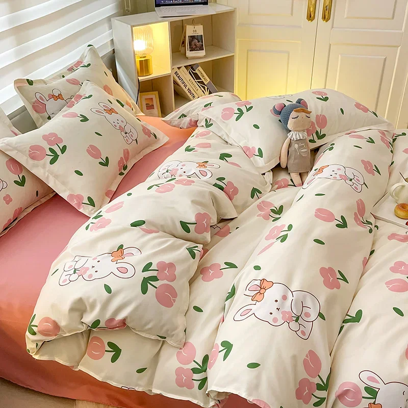 Tulip and Rabbit Pattern Duvet Cover Set 4pcs with Reversible Comforter Cover Set, Aesthetic Easy Care Bedding for Bedroom Decor