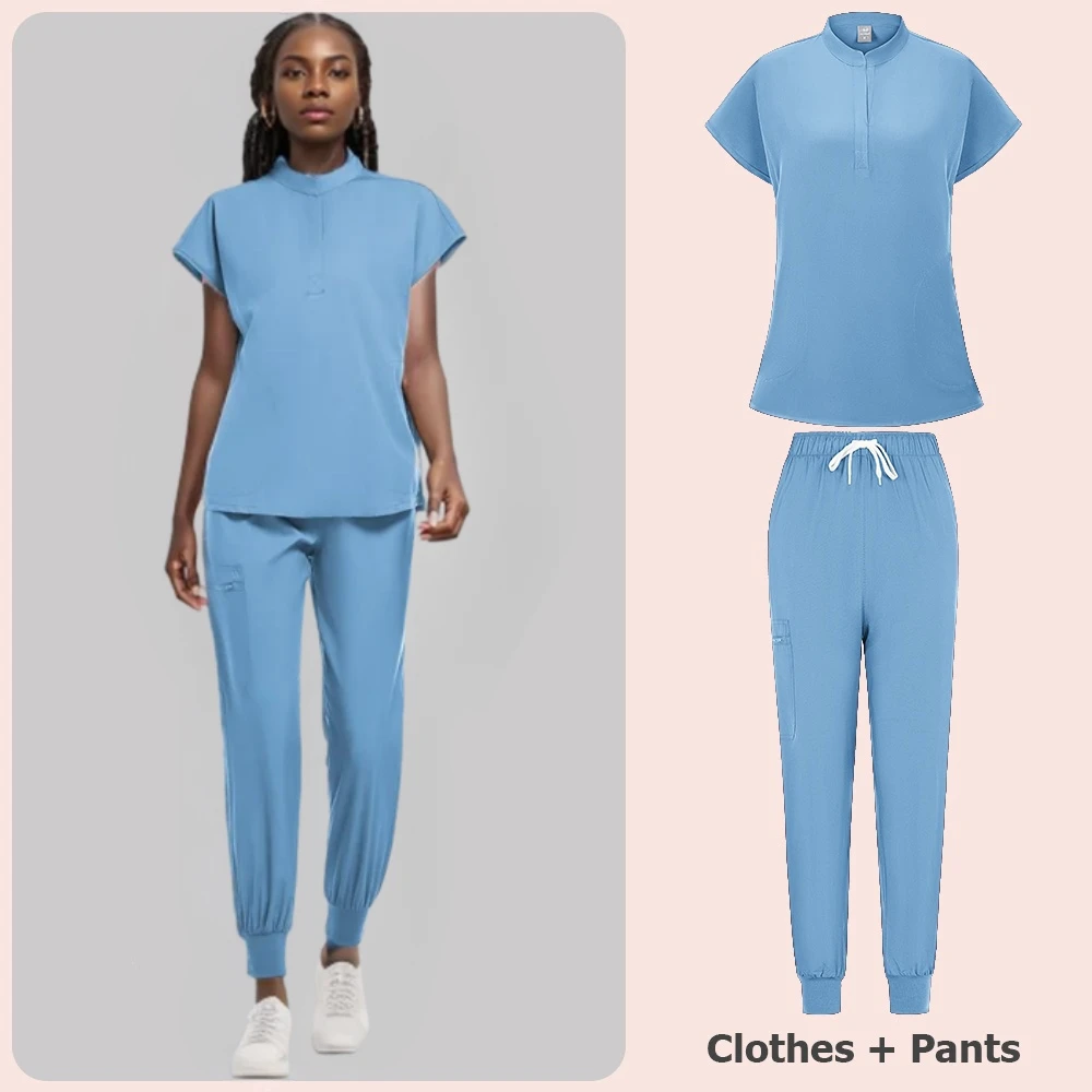 Plus Size Scrubs Set Women Medical Nurse Uniforms Stand Neck V-cut Scrub Top Jogger Pants Vet Doctor Healthcare Workers Workwear