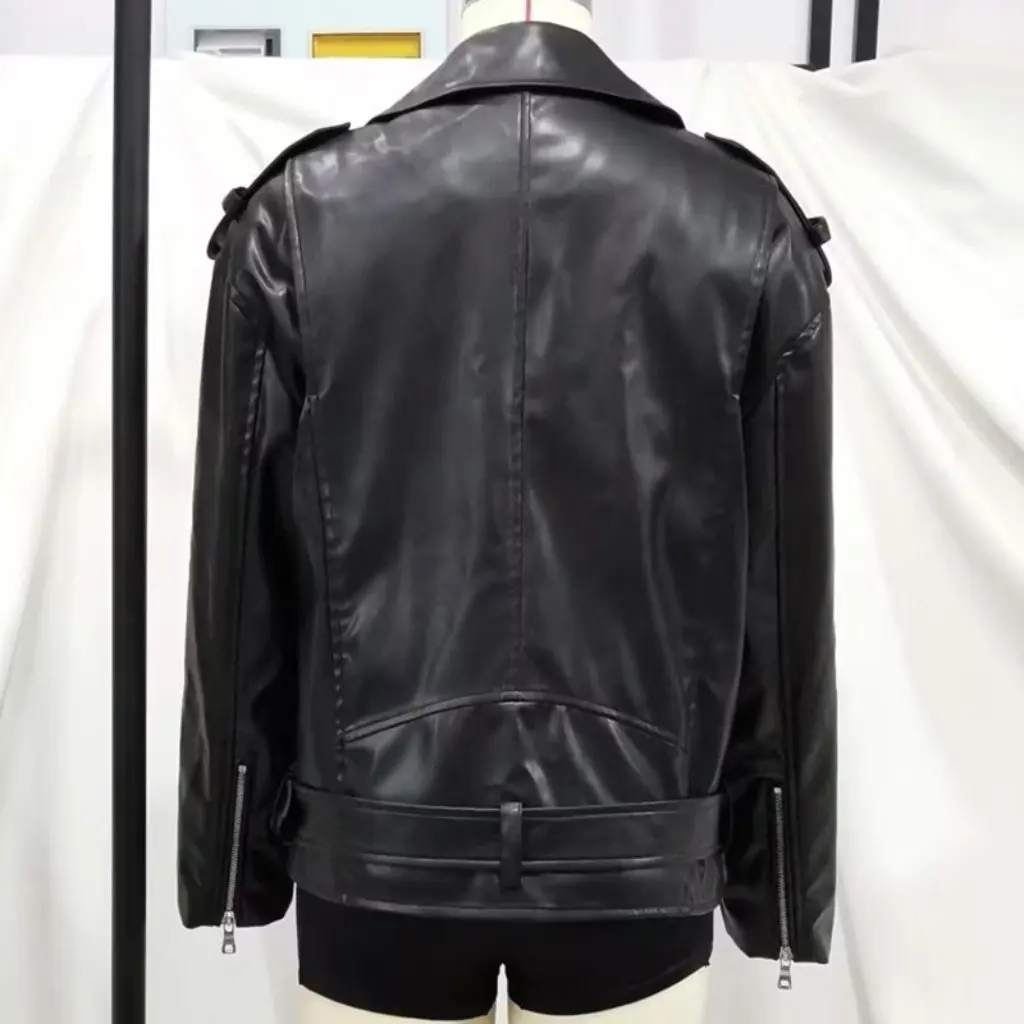 Feminino distintivo rua moda jaqueta de couro falso casaco com zíper solto terno de bicicleta outono inverno novo 22