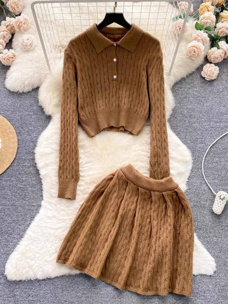 

French College Style Sweet Knitted Two Piece Set Women Short Knit Top + High Waist Skirt New Retro Chic Streetwear Solid Suits