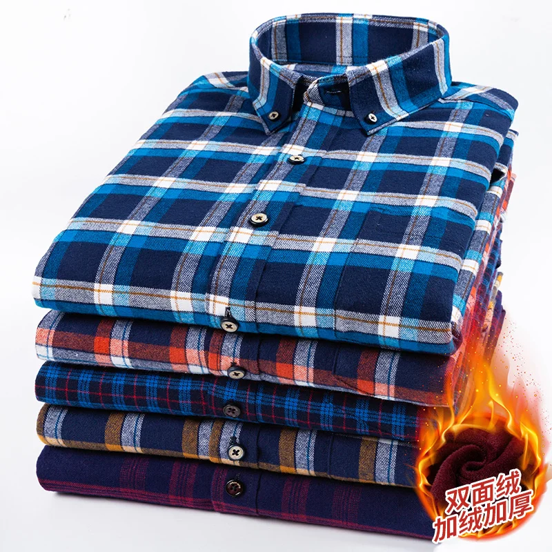 Men\'s long-sleeved shirt plus fleece thickening business casual autumn and winter plaid comfortable trend everything soft top