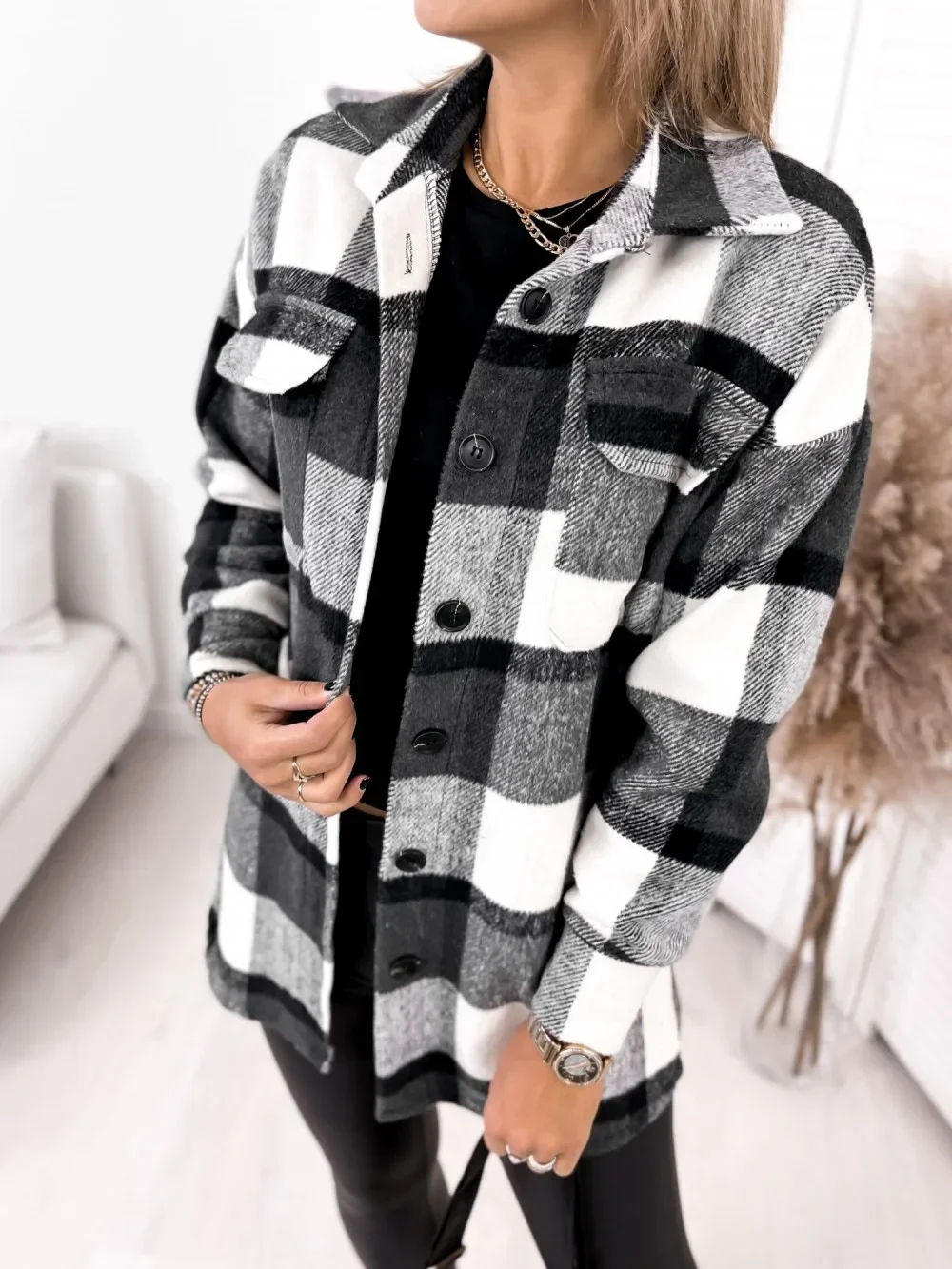 Women\'s S-2XL size new long sleeved single breasted plaid printed shirt collar woolen jacket tops camisas