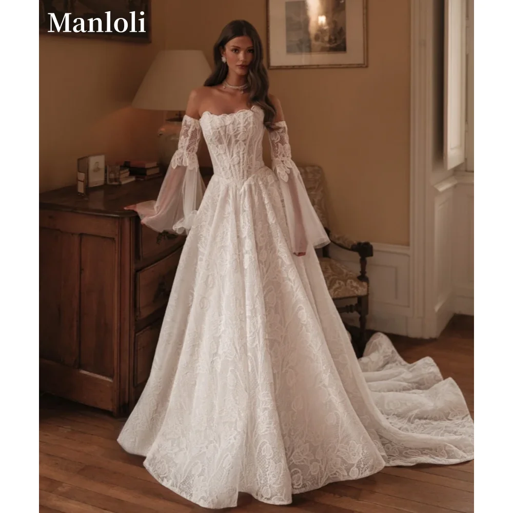 Vintage Strapless Lace Wedding Dress Detachable Sleeves A-line Off Shoulder Bridal Gown Elegant Ivory Wedding Dress Custom