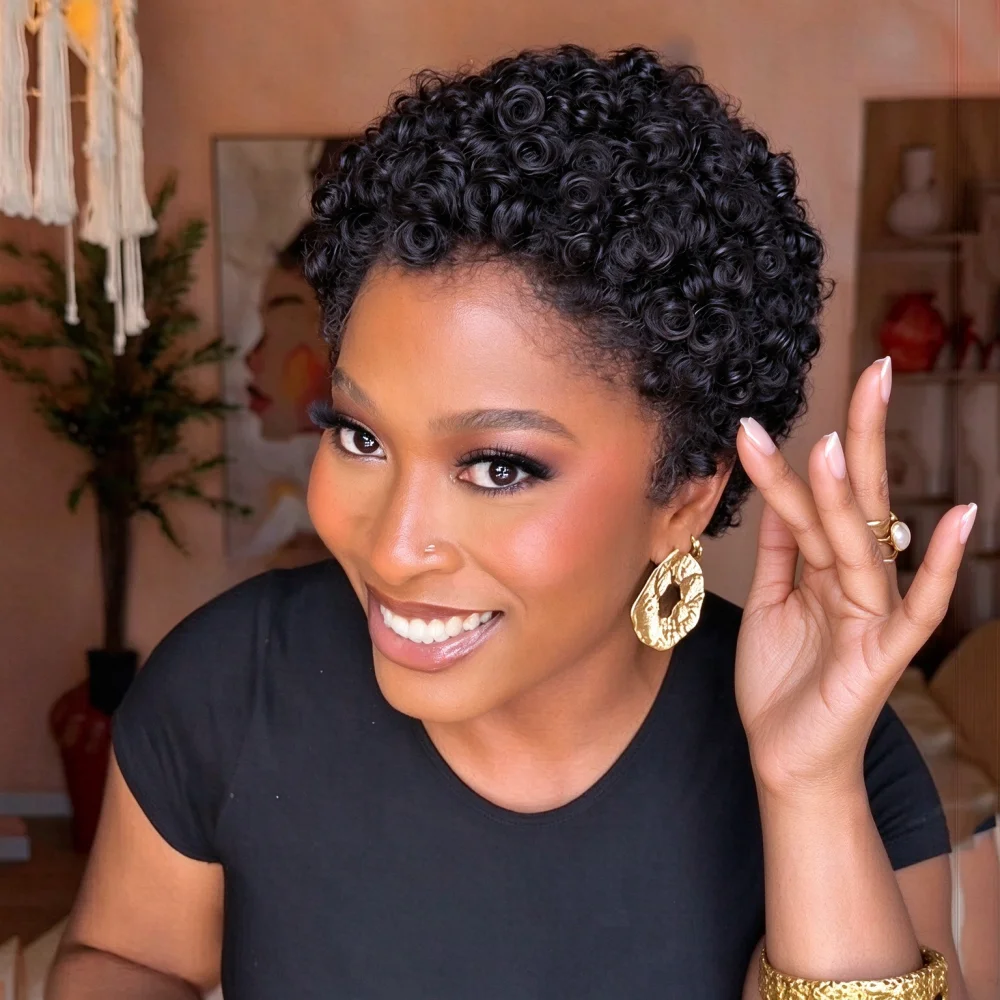 Full Machine Made Short Curly Human Hair Wig, Tiny Spring Curls Pixie Cut Wig for Women, Natural Looking Wig