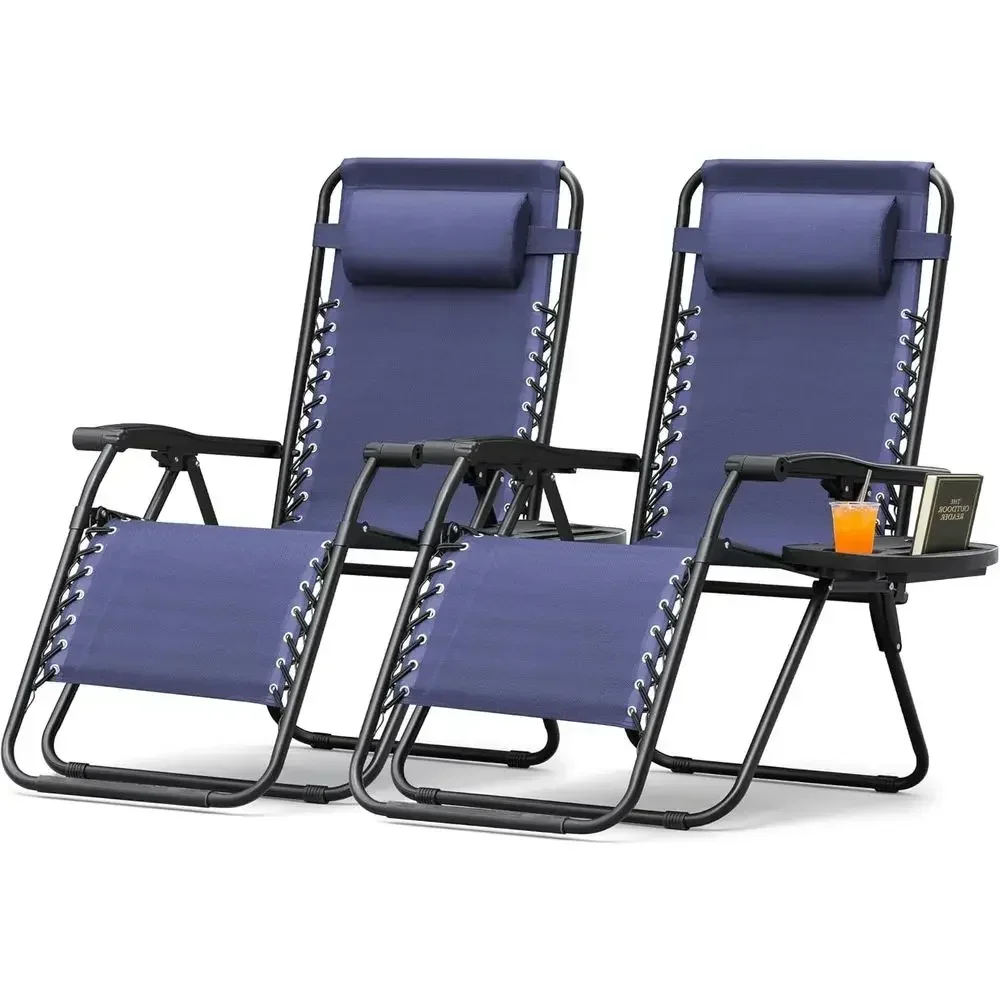 Reclining Outdoor Lounge Chair with Cup Holder and Pillows for Patio, Lawn, Poolside, and Beach (Blue Set of 2)