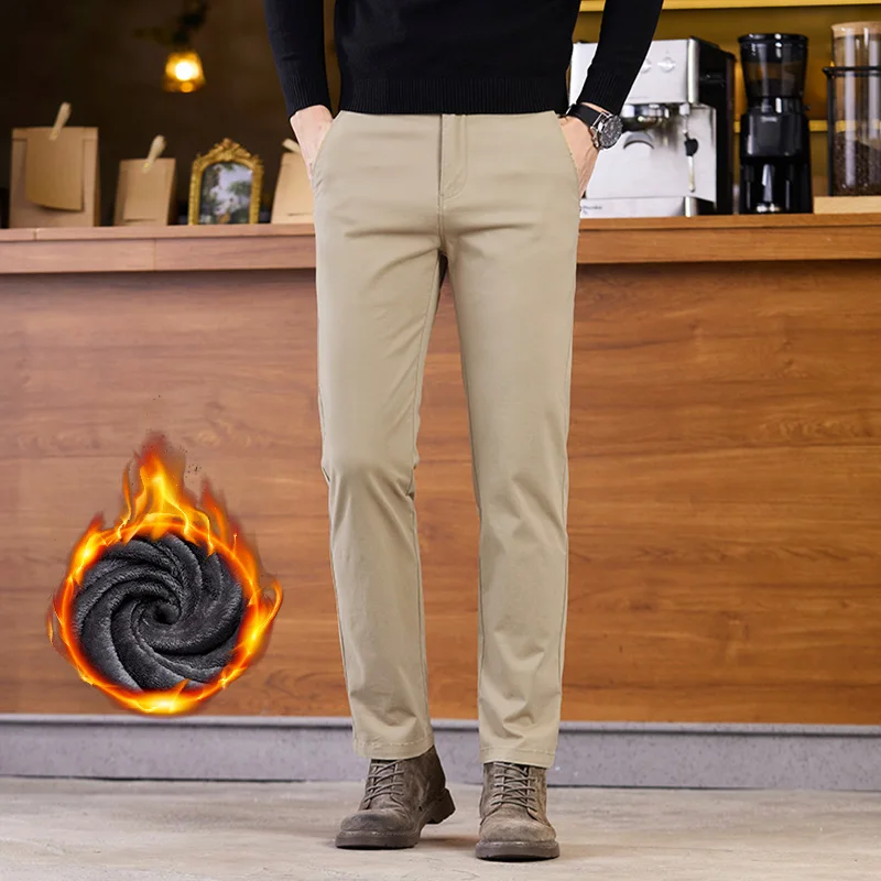 Зимние флисовые брюки 2025 года, мужские карманные модные утолщенные хлопковые эластичные удобные плюшевые прямые деловые брюки мужские