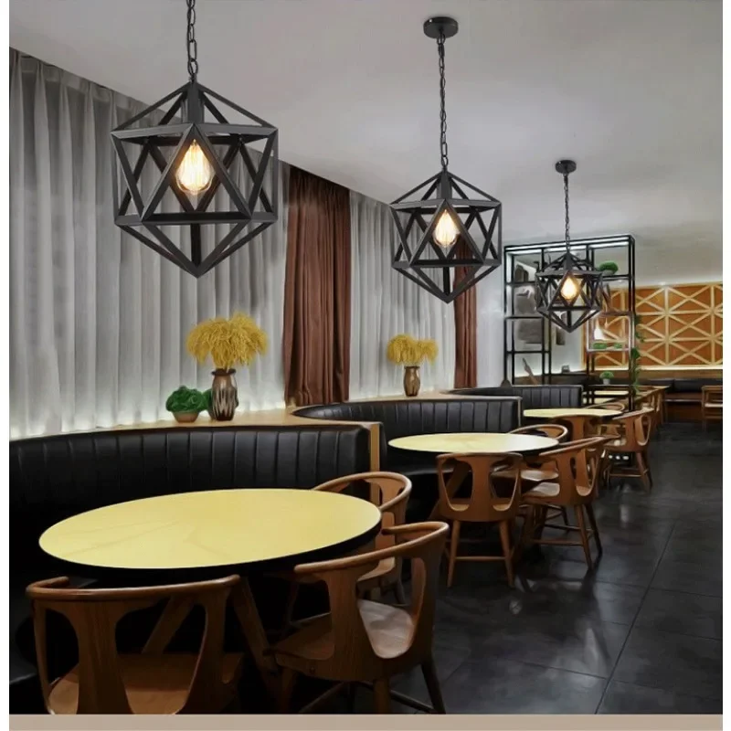 Retro Industrial Style Restaurant Bar Counter Creative Prismatic Hexahedron Wrought Iron Chandelier