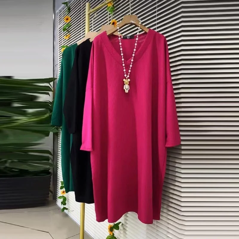 

plus Size Women's V-Ne Casual Long Sve Dr Loose Fitting Meat Covering Mid-Length Versatile Comfortable Korean Sle D...