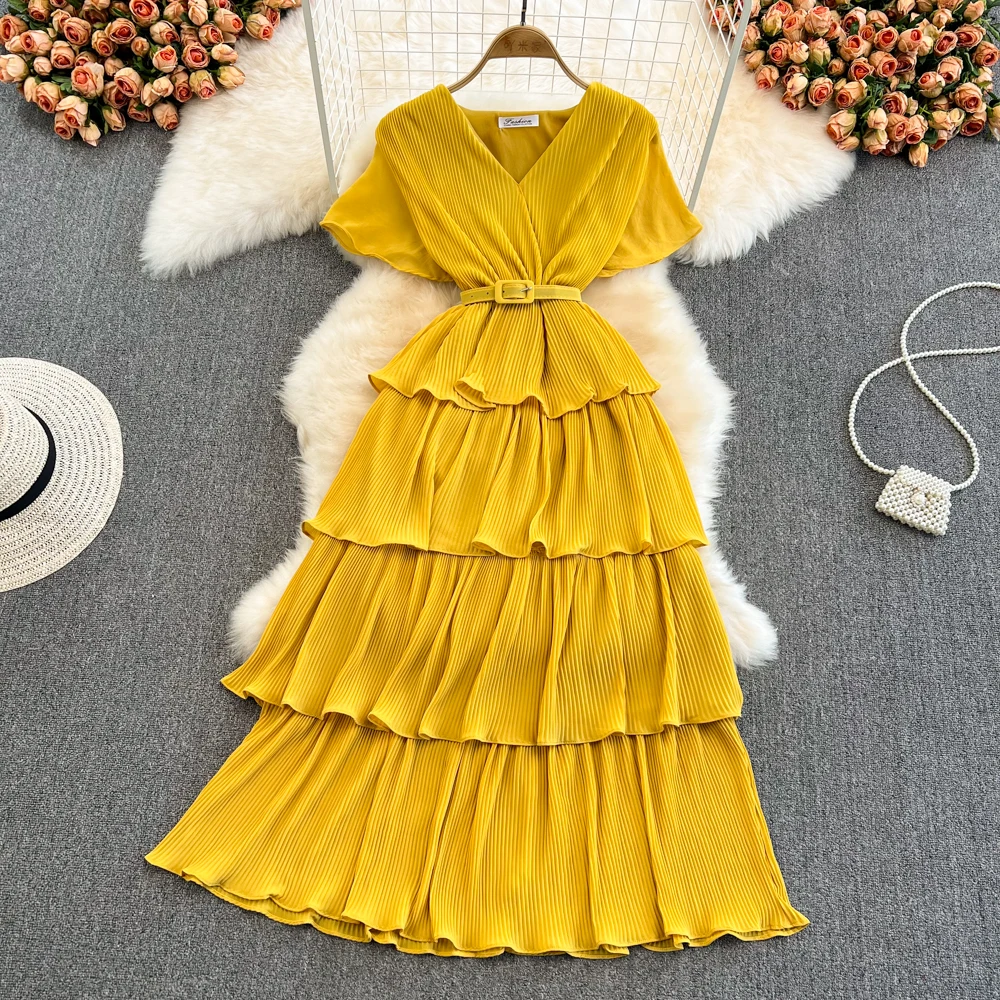 Summer Beach Long Dress Women Elegant V-Neck Short Sleeve Cascading Ruffles Big Swing Vestidos Female Red/Green/Pink Maxi Robe