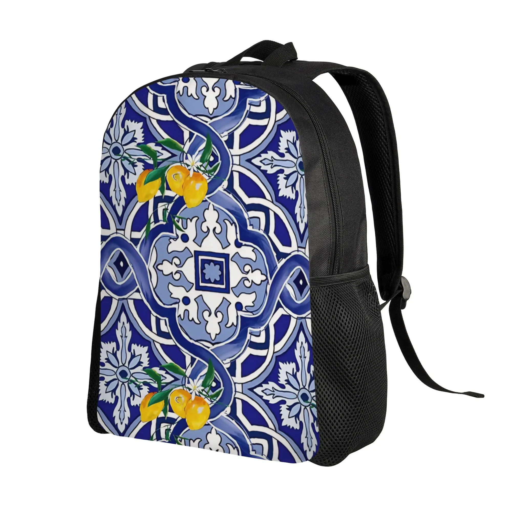 Blue Ornate Floral Backpack  College Backpacks Boy Streetwear High School Bags Colorful Big Rucksack