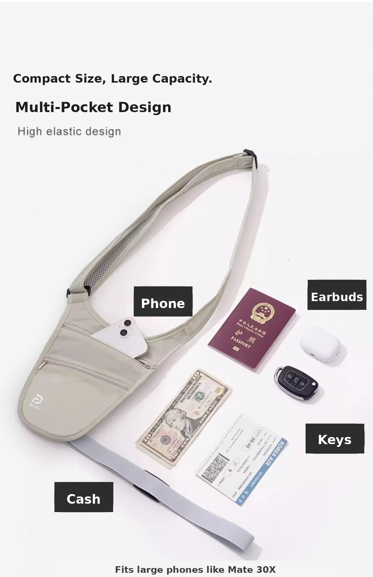 Ultraflache Verdeckte Anti-Diebstahl-Tasche aus Nylon, Reise-Brusttasche, Wasserdichter Pass- und Handyhalter – Detail 3