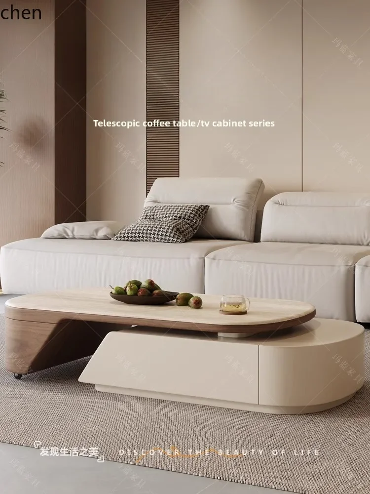 antique retractable coffee table TV cabinet combination floor small apartment solid wood rock slab coffee table living room