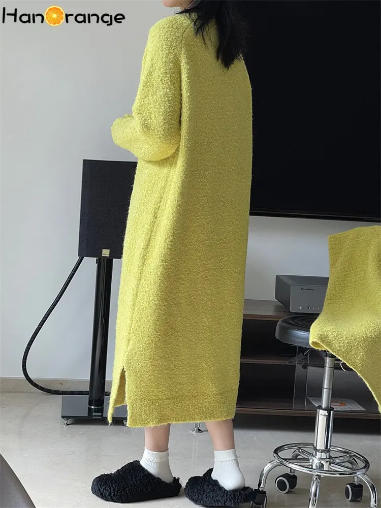 HanOrange 2024 Winter Lazy Wool Loop Yarn Sweater Dress Warm Soft Waxy Midi Dress Off White/Yellow Green