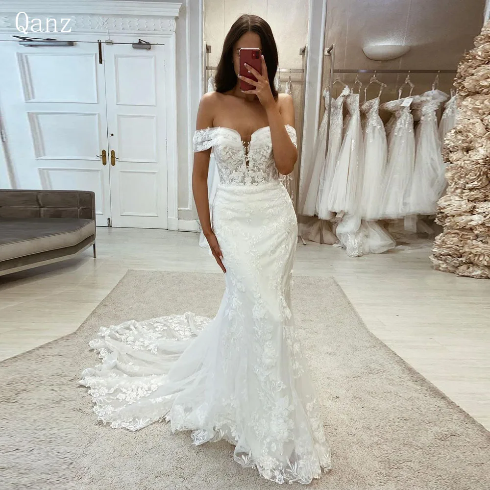 Qanz wunderschöne böhmische Meerjungfrau Brautkleider Frauen elegante Sweep Zug Brautkleider Spitze Applikationen Tüll Vestidos de Novia