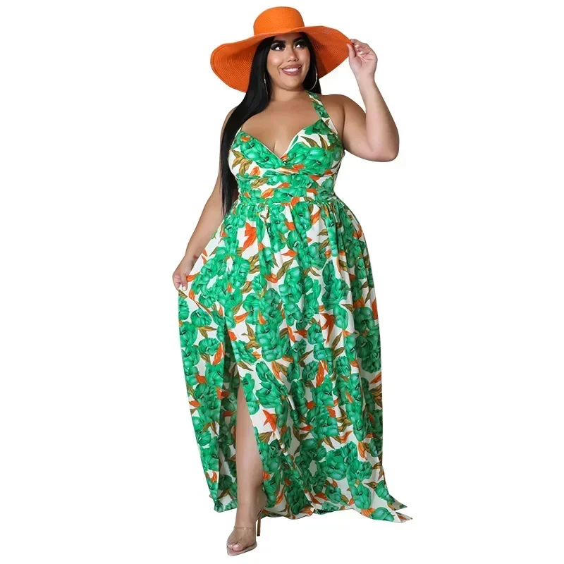 

European and American plus size women's clothing summer new sexy strap backless printed dress, fat MM dress, women's jumpsuit