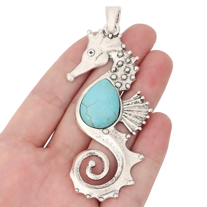 ZXZ 2pcs Tibetan Silver Large Seahorse Hippocampus with Imitation Stone Charms Pendants for Necklace Jewelry Making