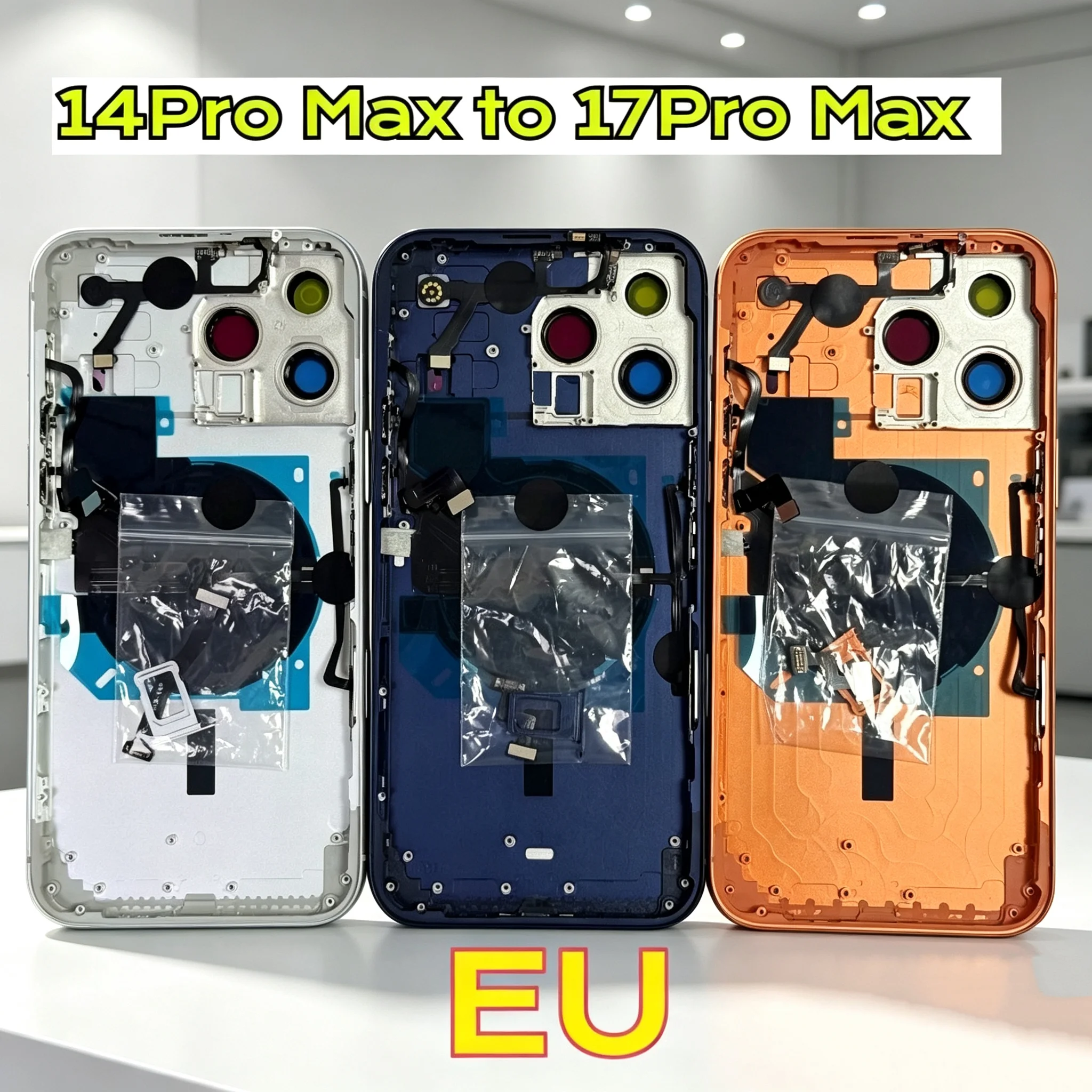 Full Integrated Back Cover Frame Assembly Convert for iPhone 14 Pro Max To 17 Pro Max With Flash Buttons Wireless Charging Housi