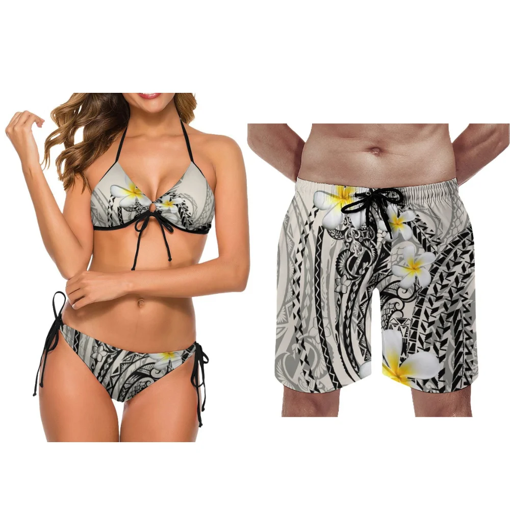Imposta inclusa Cravatta stampata Colore Coppia Costume da bagno Modello personalizzato Surf Beach Coppia Surf Set Costume da bagno polinesiano Set da due pezzi
