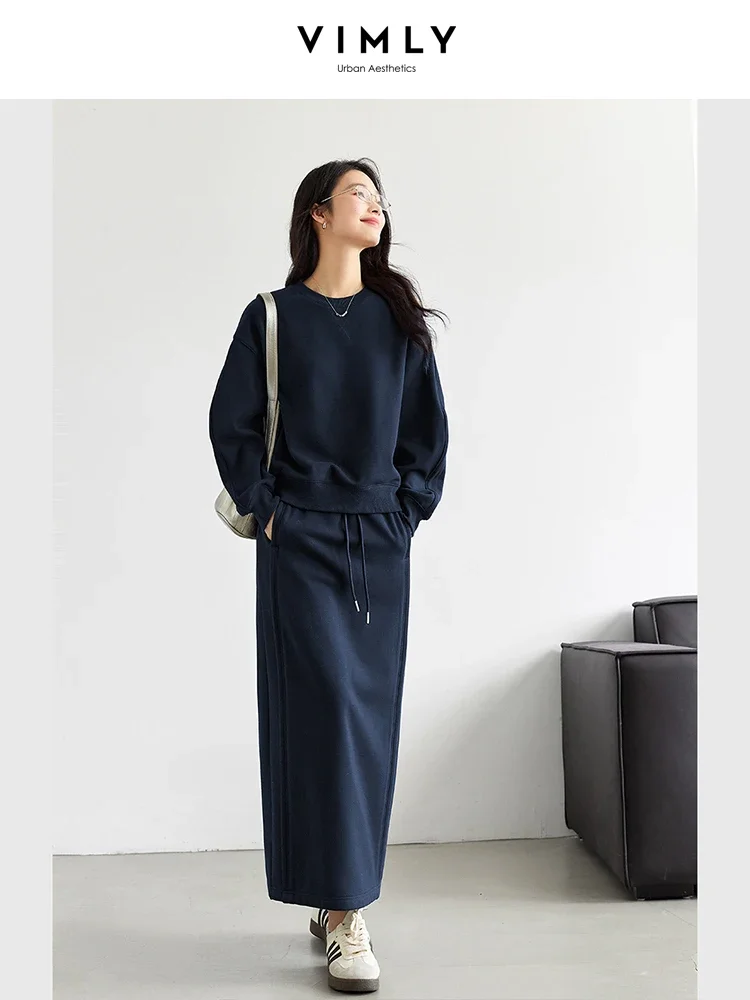 VIMLY Women Sporty Sweatshirt Set Winter Simple Casual Baseball Collar Sweatshirt Pullover Straight Long Skirt Office Lady Suits