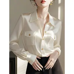 Polo Neck White Long Sleeve Elegant Blouse Spring Autumn New Solid All-match Temperament Shirt Tops Office Korean Women Clothing