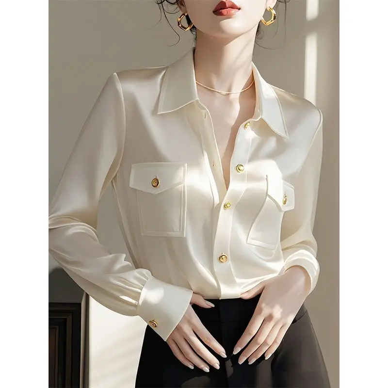 Polo Neck White Long Sleeve Elegant Blouse Spring Autumn New Solid All-match Temperament Shirt Tops Office Korean Women Clothing
