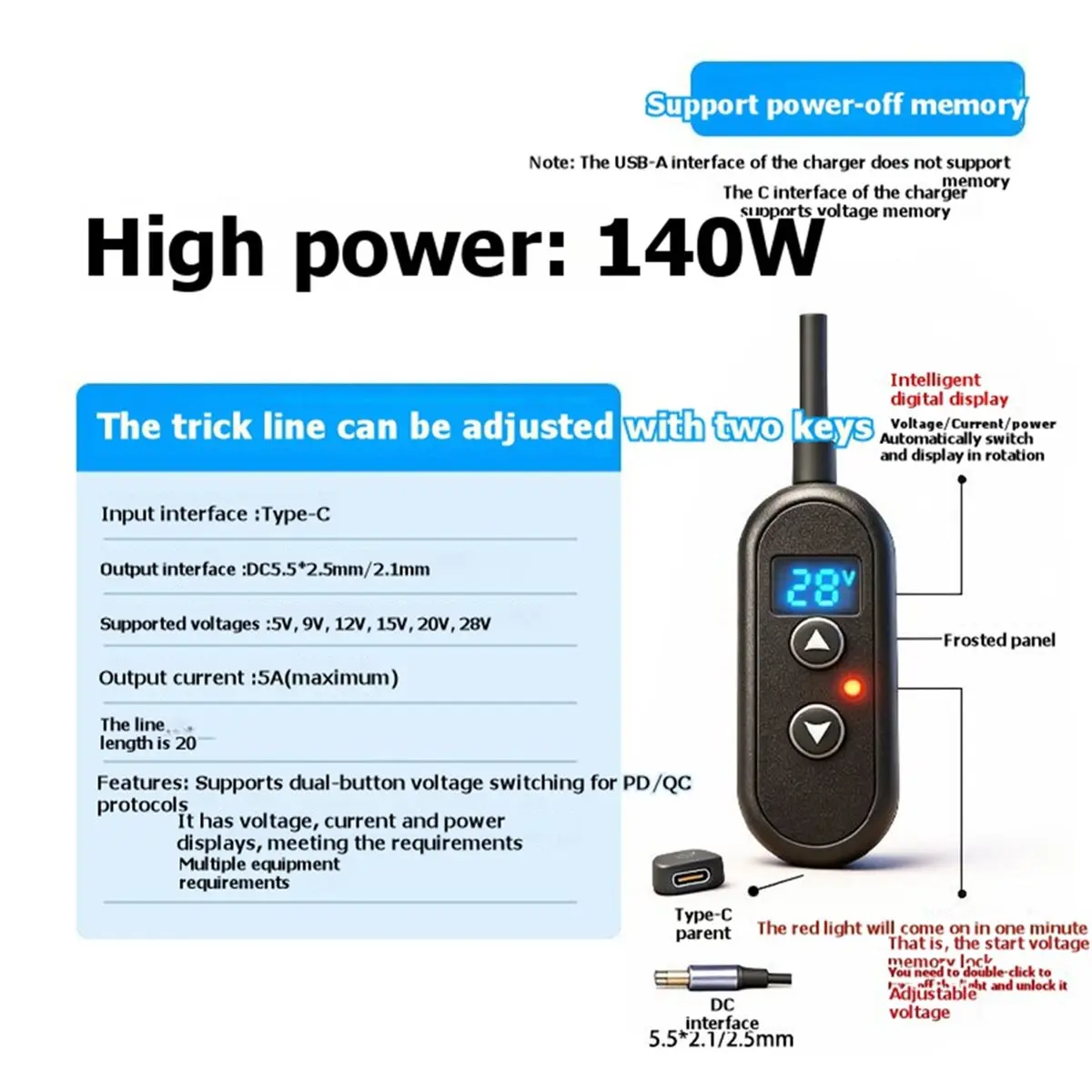 AA80 Type-C Female to DC Power Adapter Cable 140W Adjustable Voltage 5V/9V/12V/15V/20V/28V Failure Memory PD 5.5x2.5mm 20cm