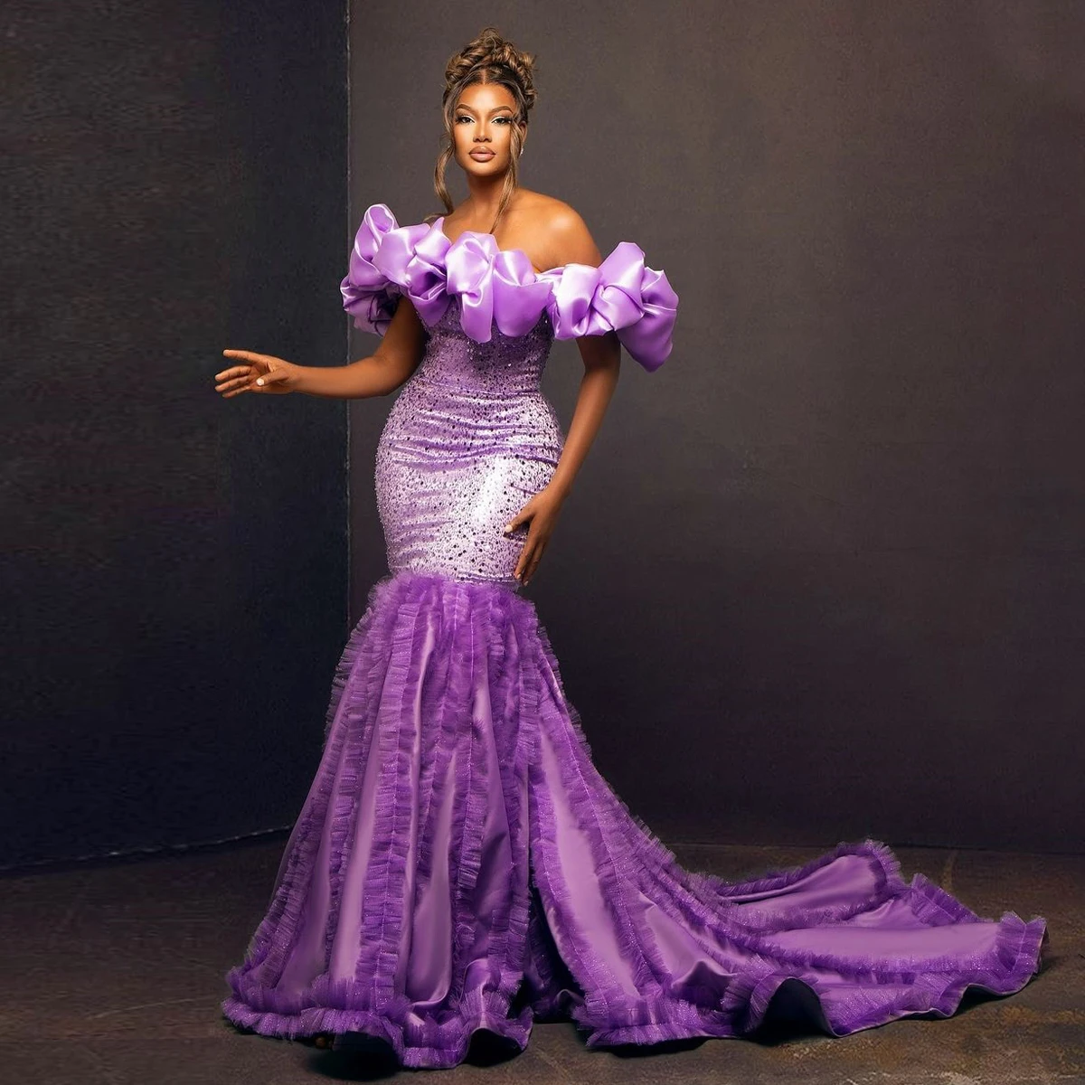 Stunning Purple Mermaid Wedding Reception Dress African Black Girls Prom Party Dresses Ruffled Off Shoulder Asoebi Birthday Gown