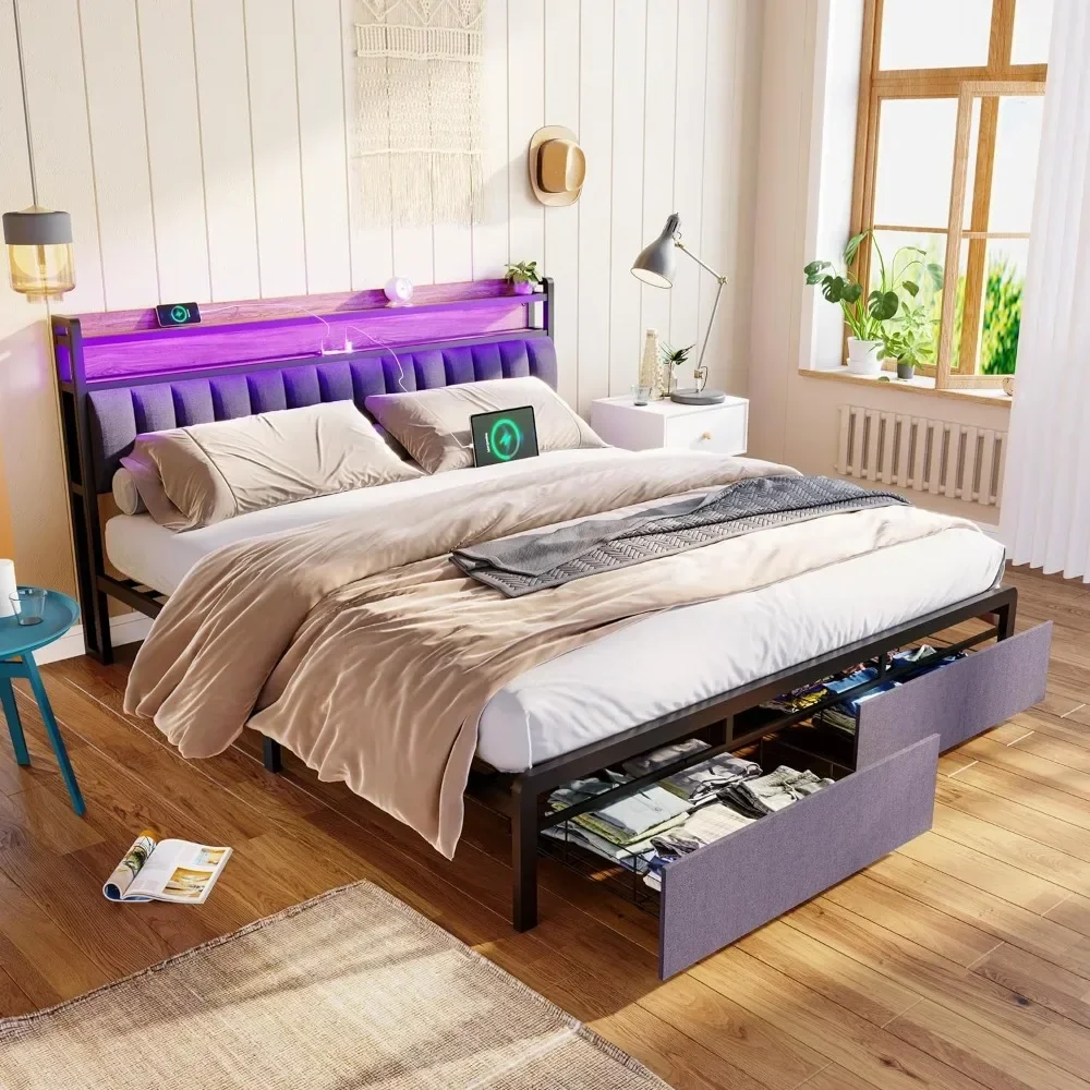 

King Size LED Bed Frame with Storage Headboard and Drawers, w/USB Ports, Upholstered Platform Bed Frame King Size, Easy Assembly