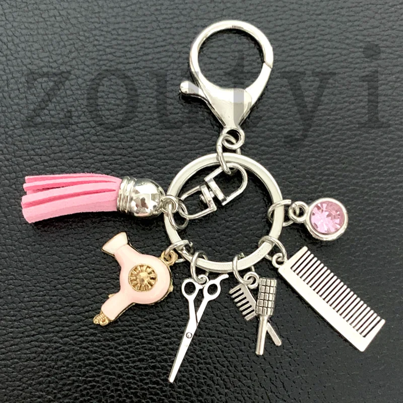 Nueva moda peinado regalo encanto borla llavero joyería retro mini tijeras de peluquería secador de pelo peine llavero manual DIY