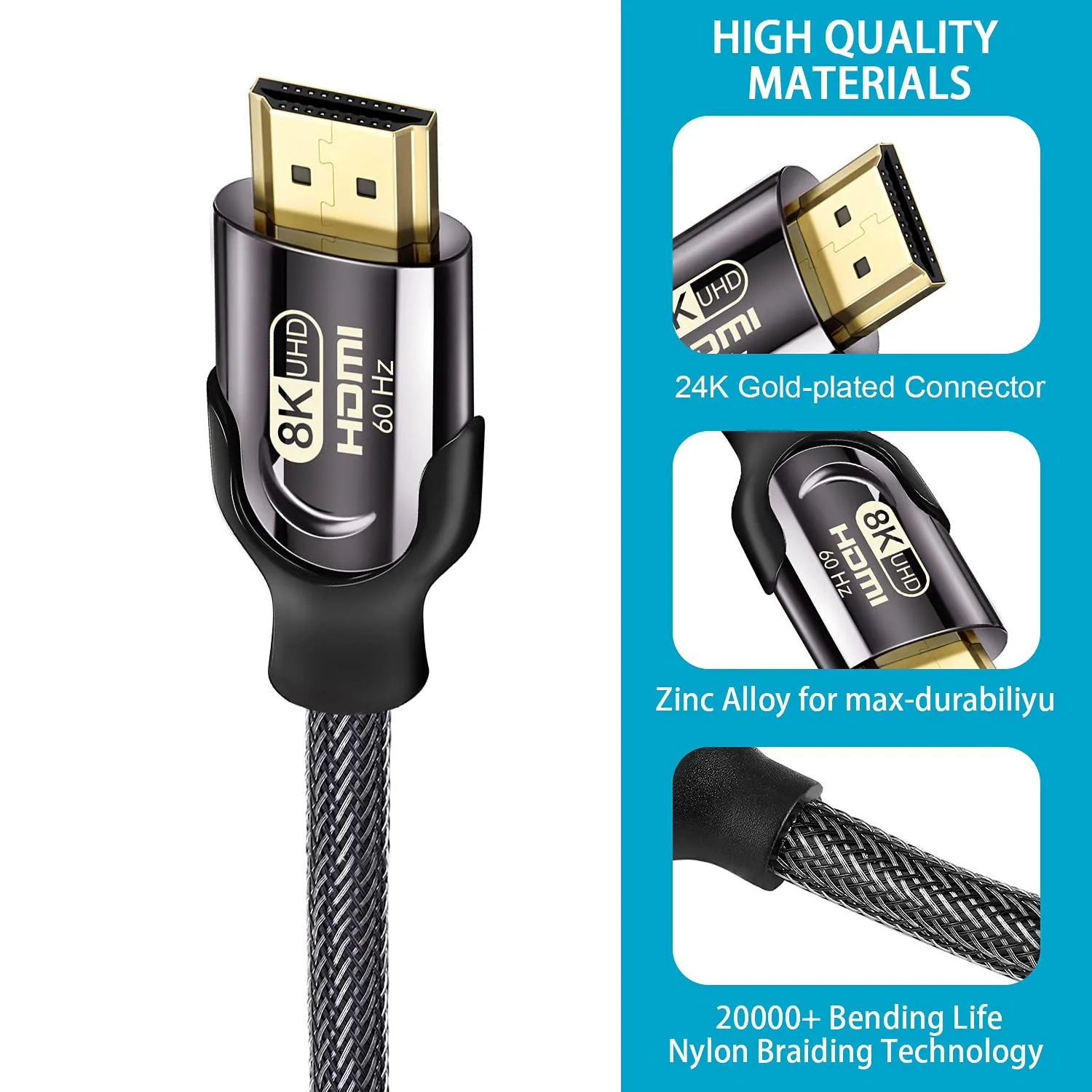 8K HDMI to HDMI 2.1 Cable Certified 8K@60Hz 48Gbps Ultra High-Speed HDR Braided Cord for PC LAPTOP Monitors Projectors TVs.