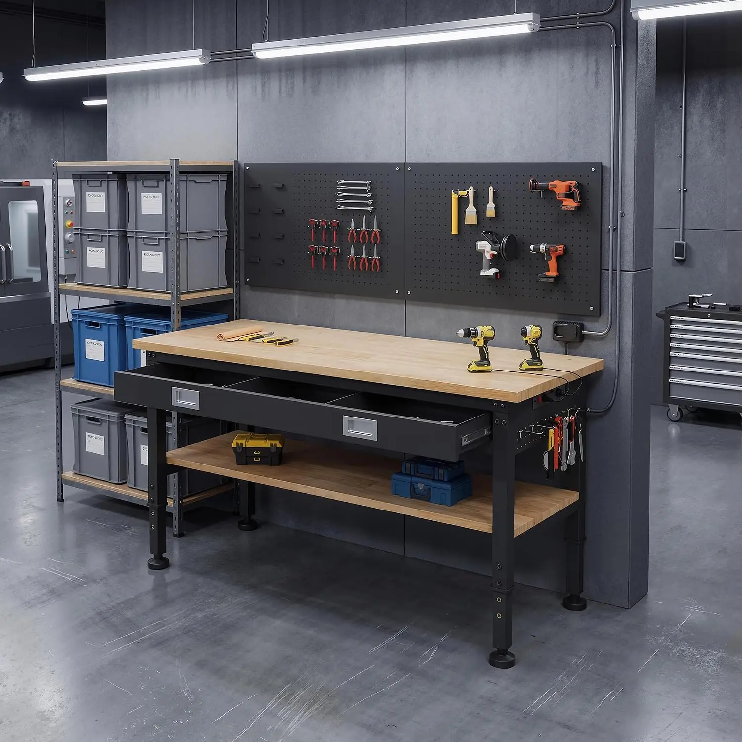 60 Inch 2 Tier Workbench Drawer Pegboard 3160 Lbs Capacity Adjustable Height Storage Shelf Power Outlets Garage Workshop Home Us