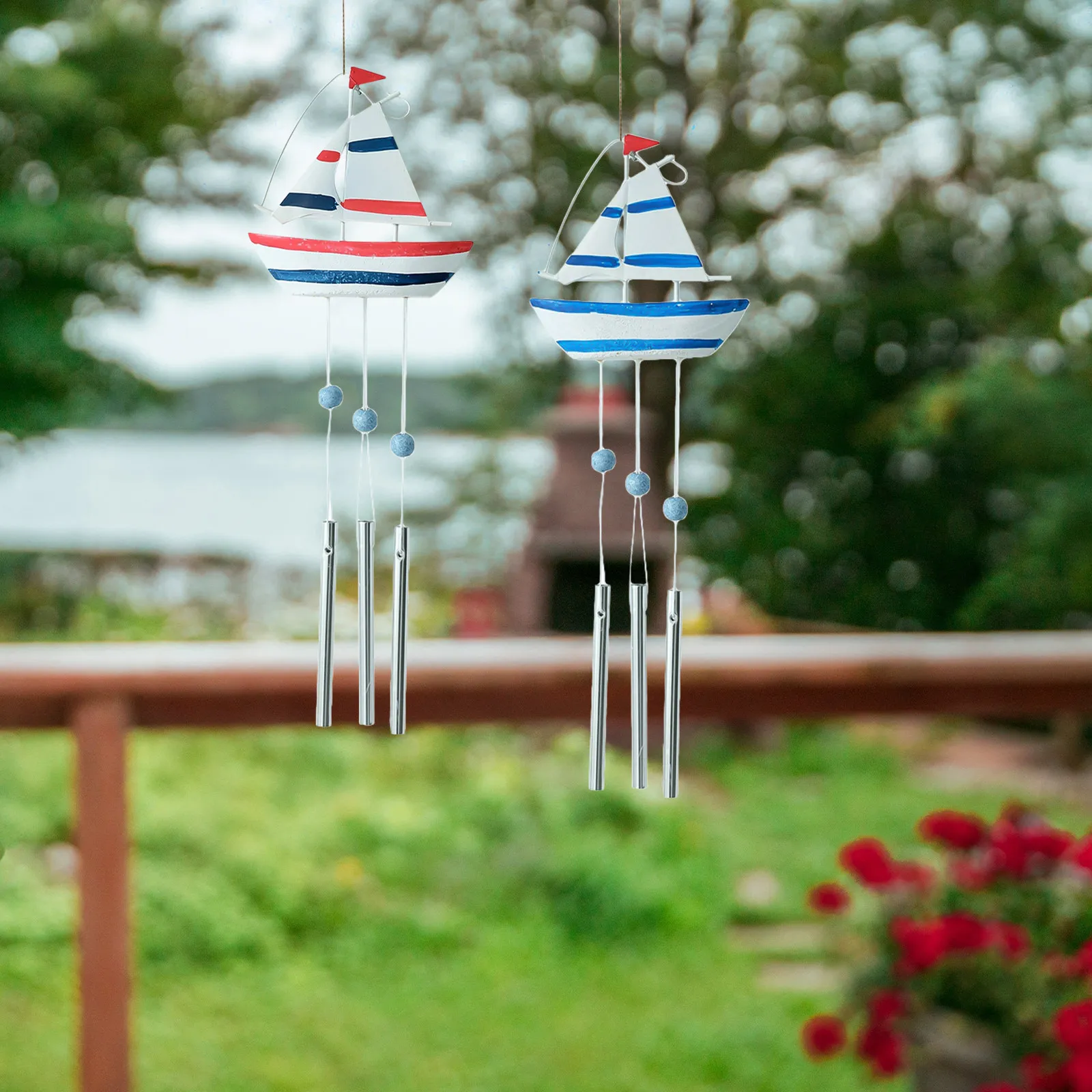 2Pcs Handmade Wooden Sailboat Wind Chimes Nautical Beach Theme Garden Hanging Ornament Outdoor Patio Balcony Mediterranean Decor - view 3