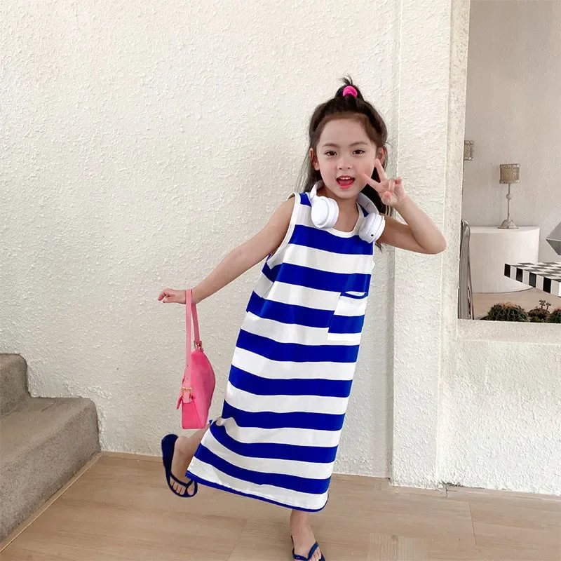 

Summer Blue Striped Vest Dress Lolita Child Girls Casual Midi Dress Children Dresses For Teens Party Princess Sundress