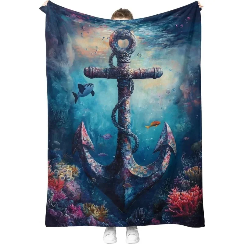 

pc Soft Warm Nautical Anchor Flannel Throw Blanket with Ocean Fish and Seaweed Design for Sofa Bed Camping Travel All Season Gi