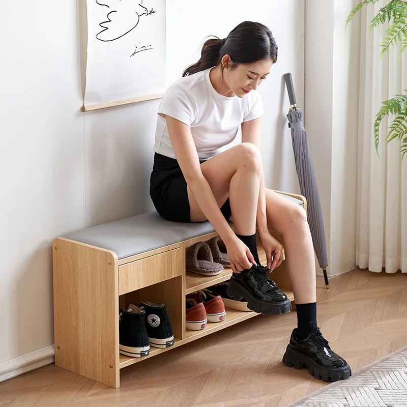 Nordic solid wood shoe changing stool entrance foyer shoe testing stool for the elderly home rack shoe cabinet door